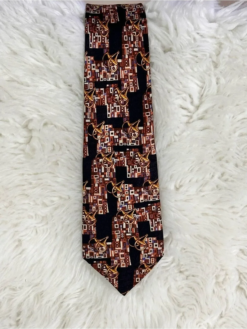 Celine Black, Brown & Gold Geometric Print Silk Tie